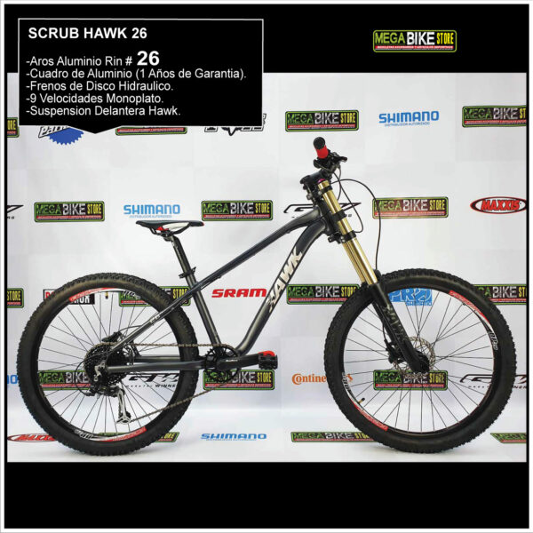 Bicicleta-guayaquil-mtb-montañera-talla-mega-bike-store-bike-shimano-hawk-aro26-scrub-aluminio-negro-dorado
