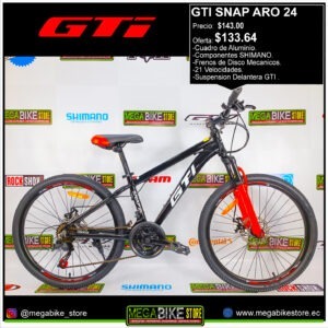 Bicicleta GTI SNAP Aro 24 Montañera -Aluminio- 7v- Suspension Delantera- Frenos Disco Mecanicos (Negro)