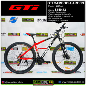 Bicicleta GTI CAMBODIA Aro 29 - Montañera - 7v-  Aluminio - Frenos de Disco - Suspension Delantera (roja)