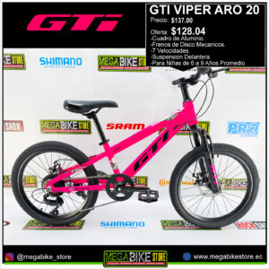 Bicicleta GTI VIPER Aro 20 Montañera en Aluminio y Frenos de Disco Mecanico. (Fucsia)
