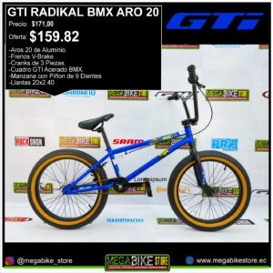 Bicicleta GTI RADIKAL BMX Aro 20 para Freestyle, con cranks 3 piezas, mazas 9 Dientes (Azul)