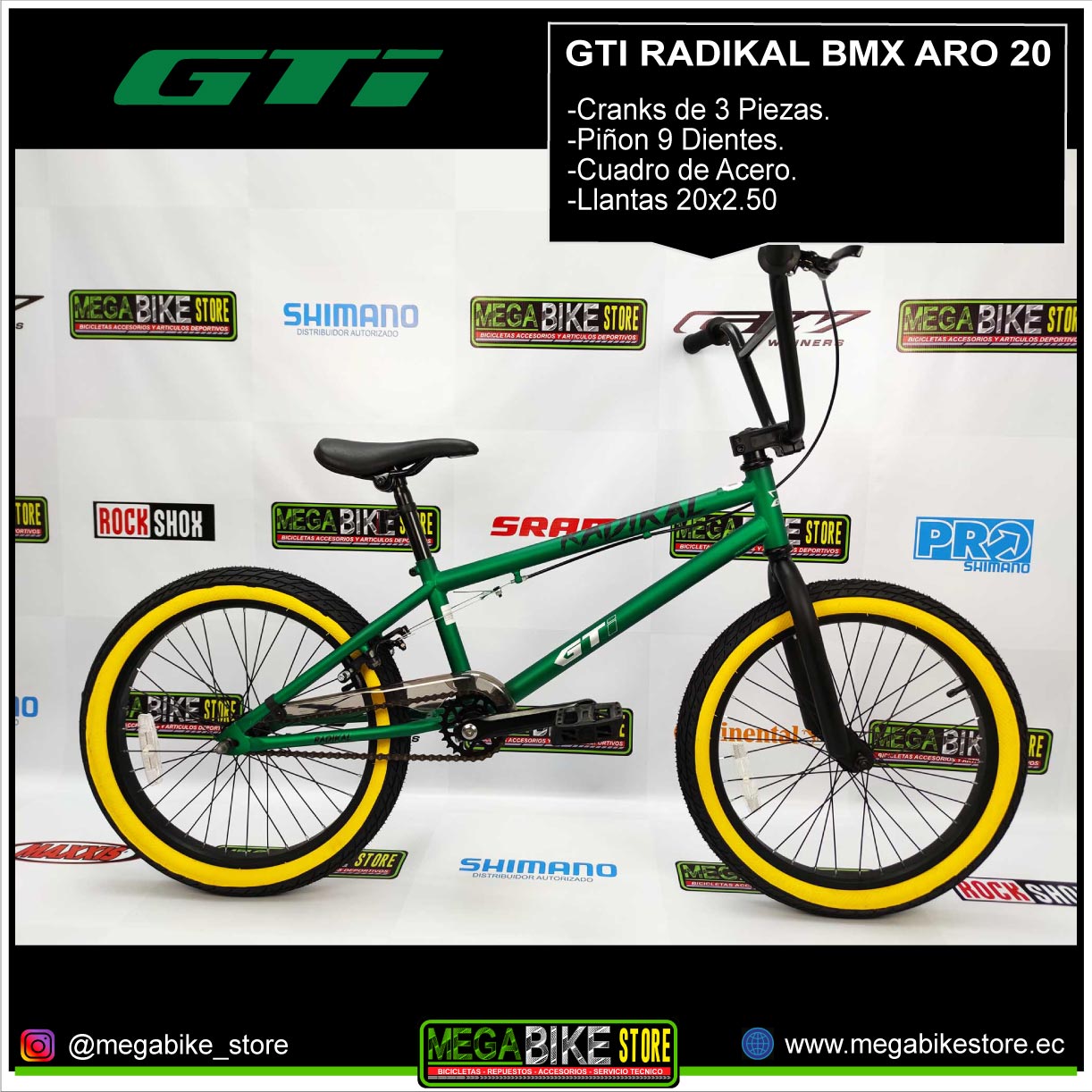 Bicicleta GTI RADIKAL Aro 20 para Freestyle, con cranks 3 piezas, mazas 9 Dientes (Verde) - Store