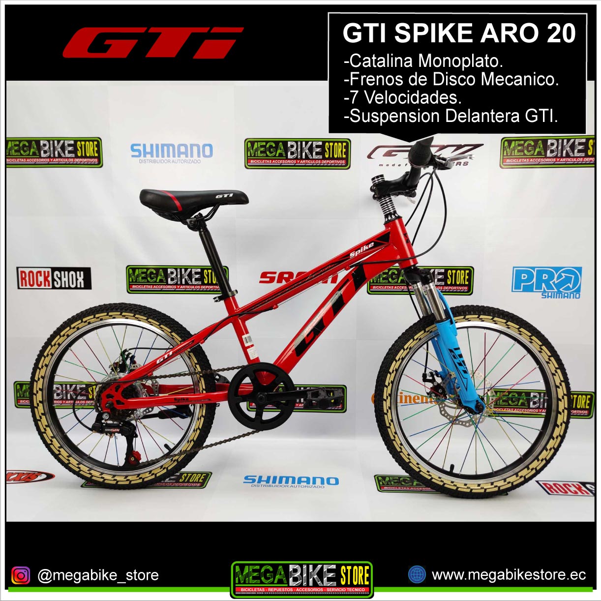 Bicicleta GTI SPIKE Aro 20 Montañera Frenos Disco Mecánico (Rojo) - MegaBike Store