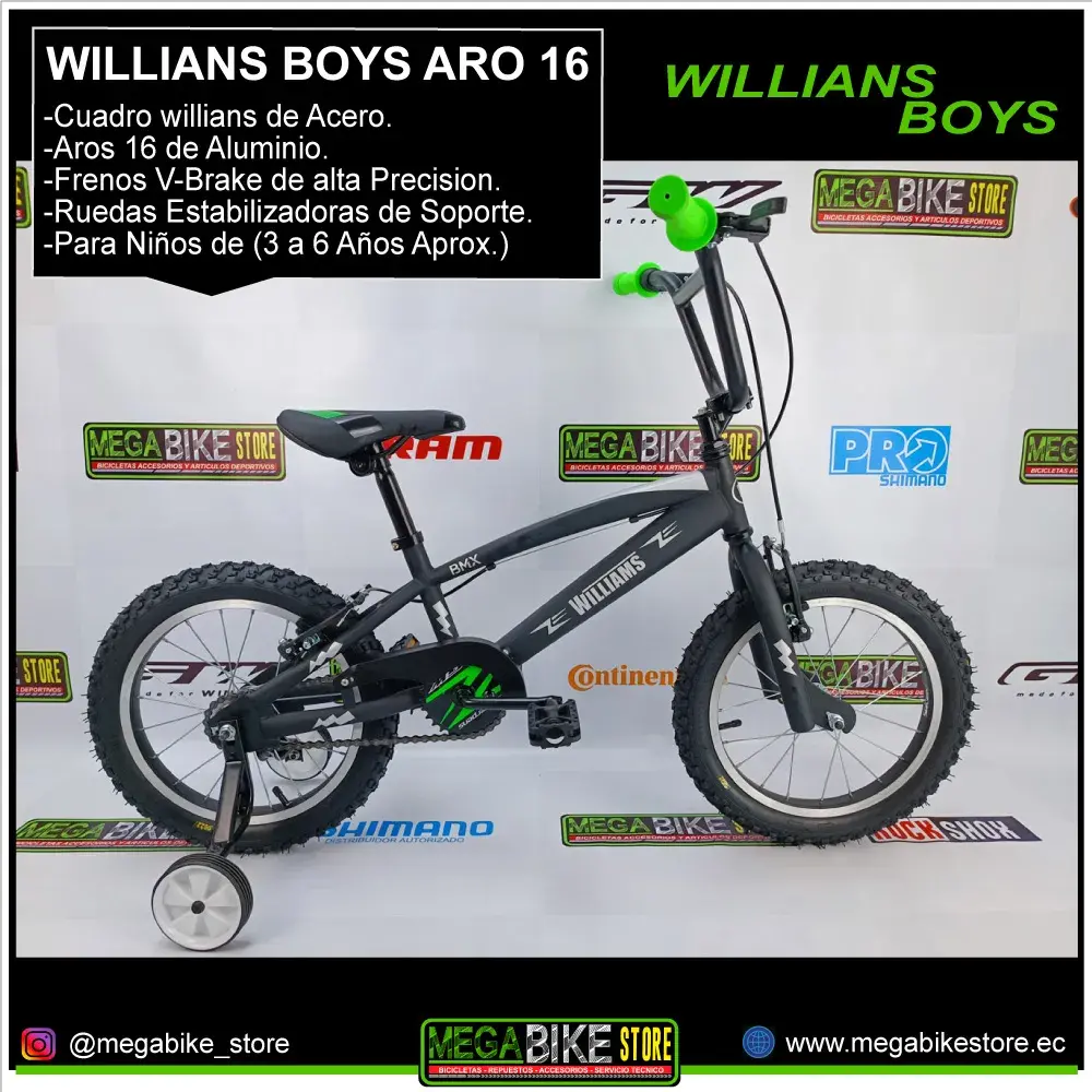 Bicicletas Para Niños Willians BOY Aro 16 Para 3 a 6 Años (Negra)