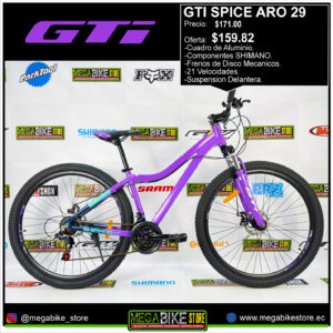 Bicicleta GTI SPICE Aro 29 Montañera - Aluminio - 7v - Frenos de Disco - Suspension Delantera. (lila)