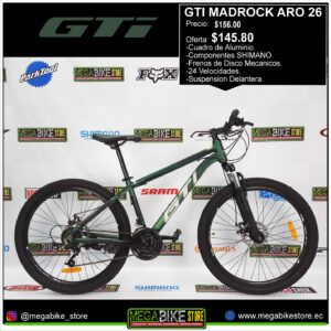 Bicicleta GTI MADROCK Aro 26 Montañera -7v- Aluminio -Freno Disco Mecánico - Suspension Delantera. (verde)
